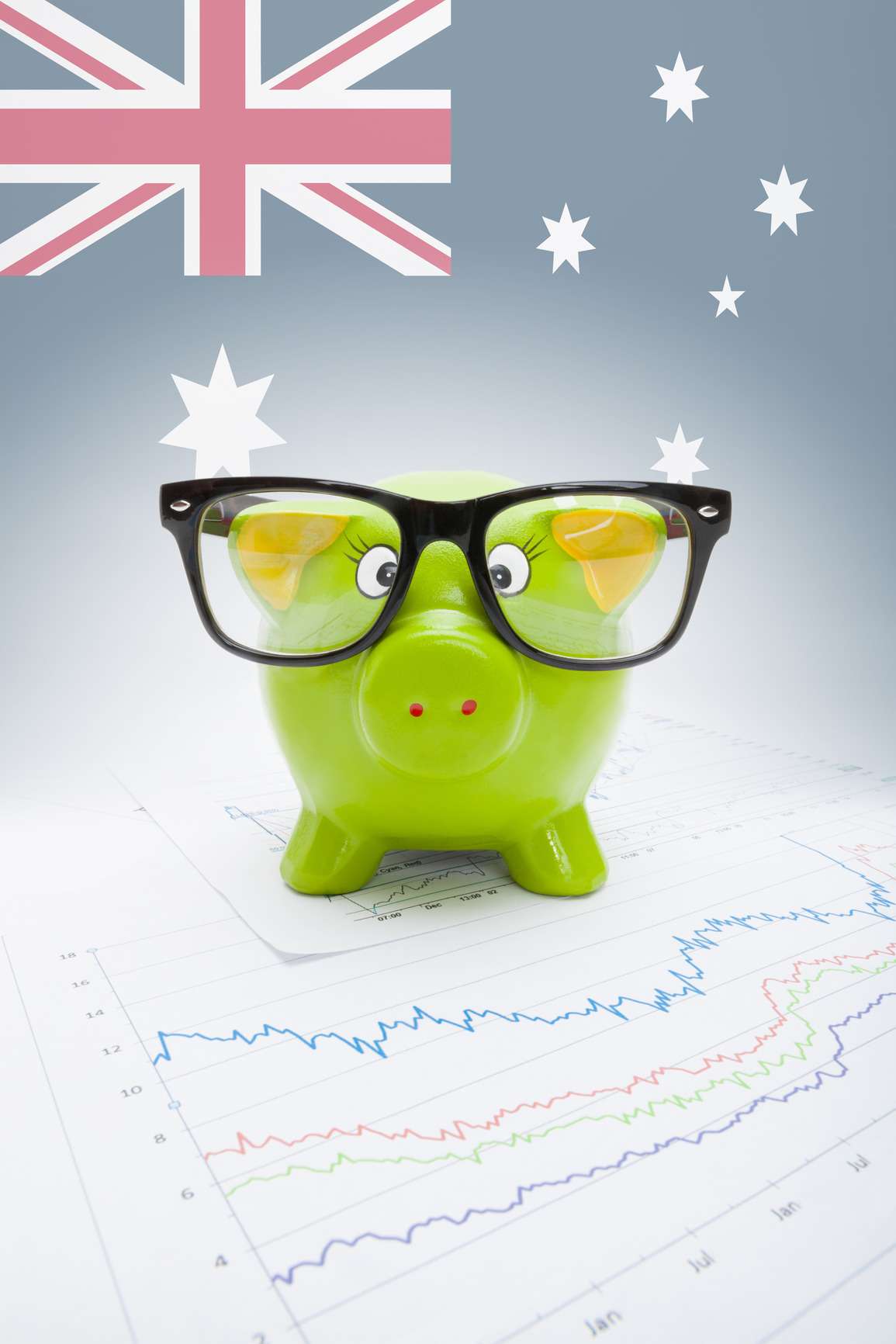 Piggy bank with flag on background - Australia