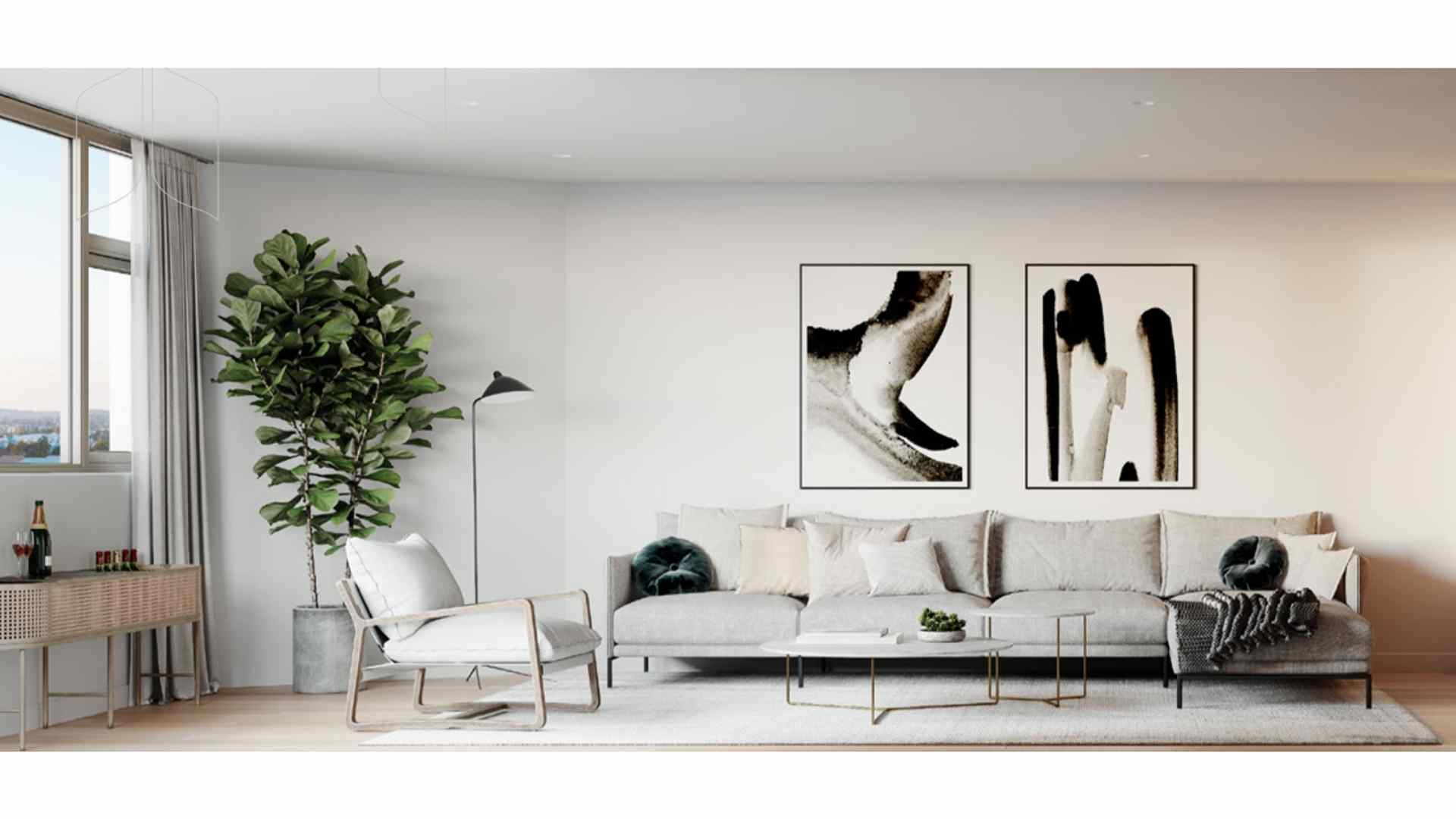 white themed living room, large plant at the corner
