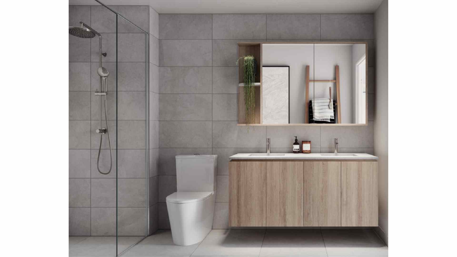 grey bathroom with wooden cabinet