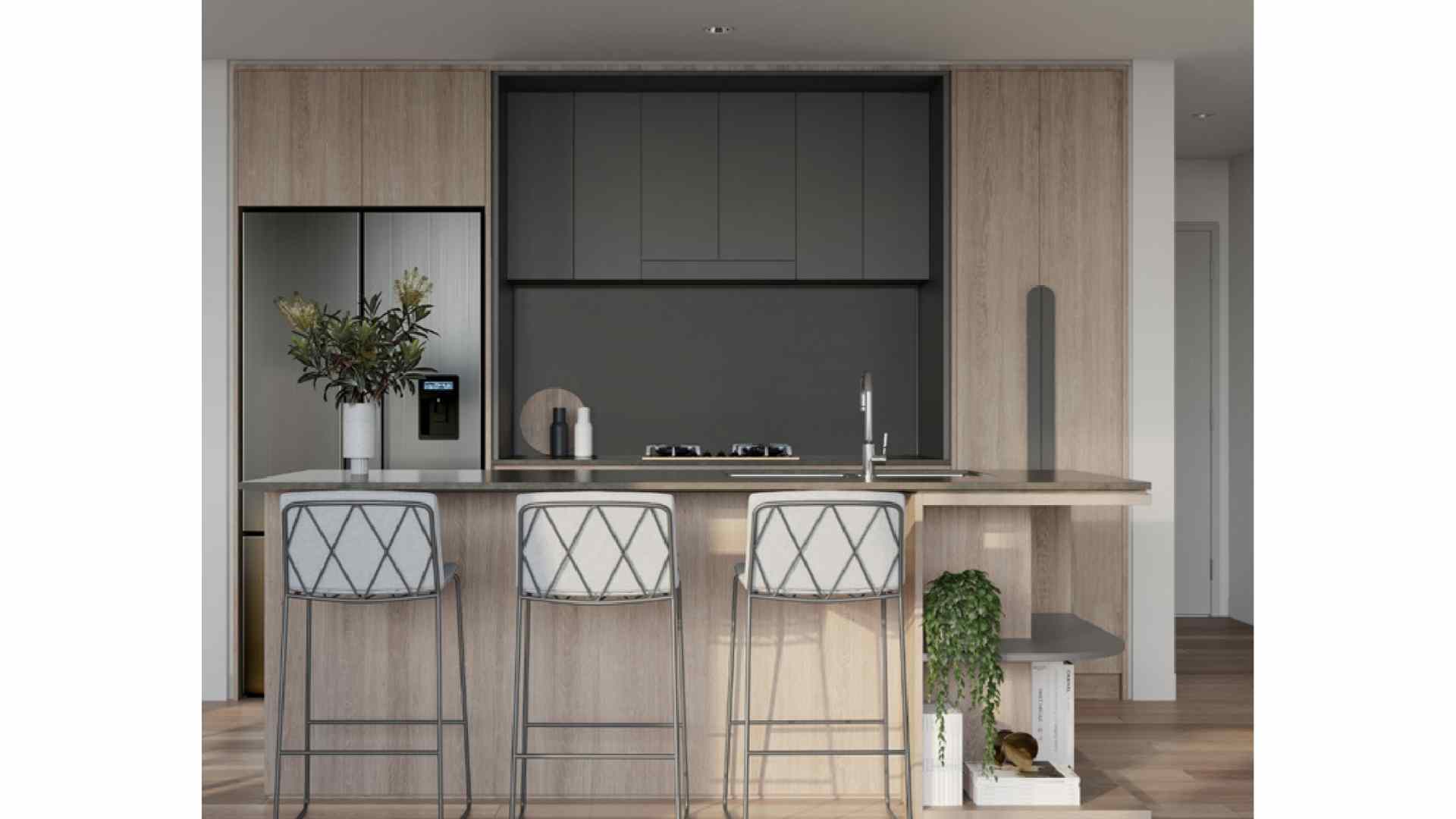 light wood and grey kitchen, 3 bar stools
