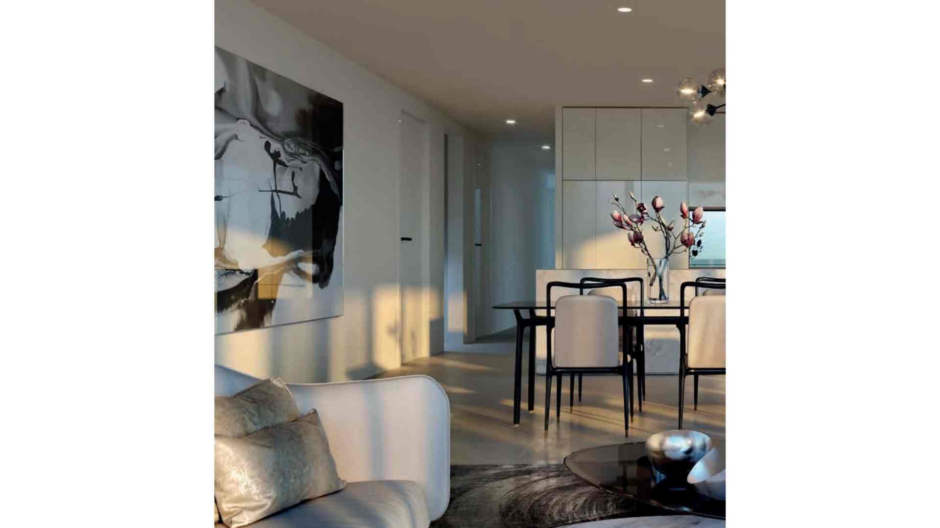 dining area meets living room, black and white abstract painting on wall