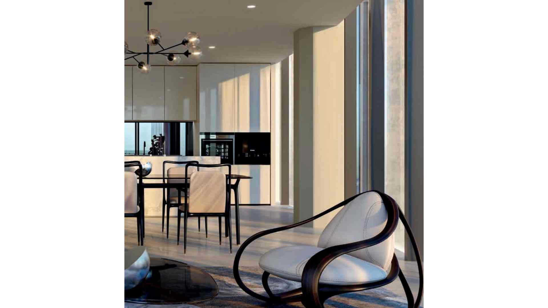 cream apartment interior with black and cream furniture