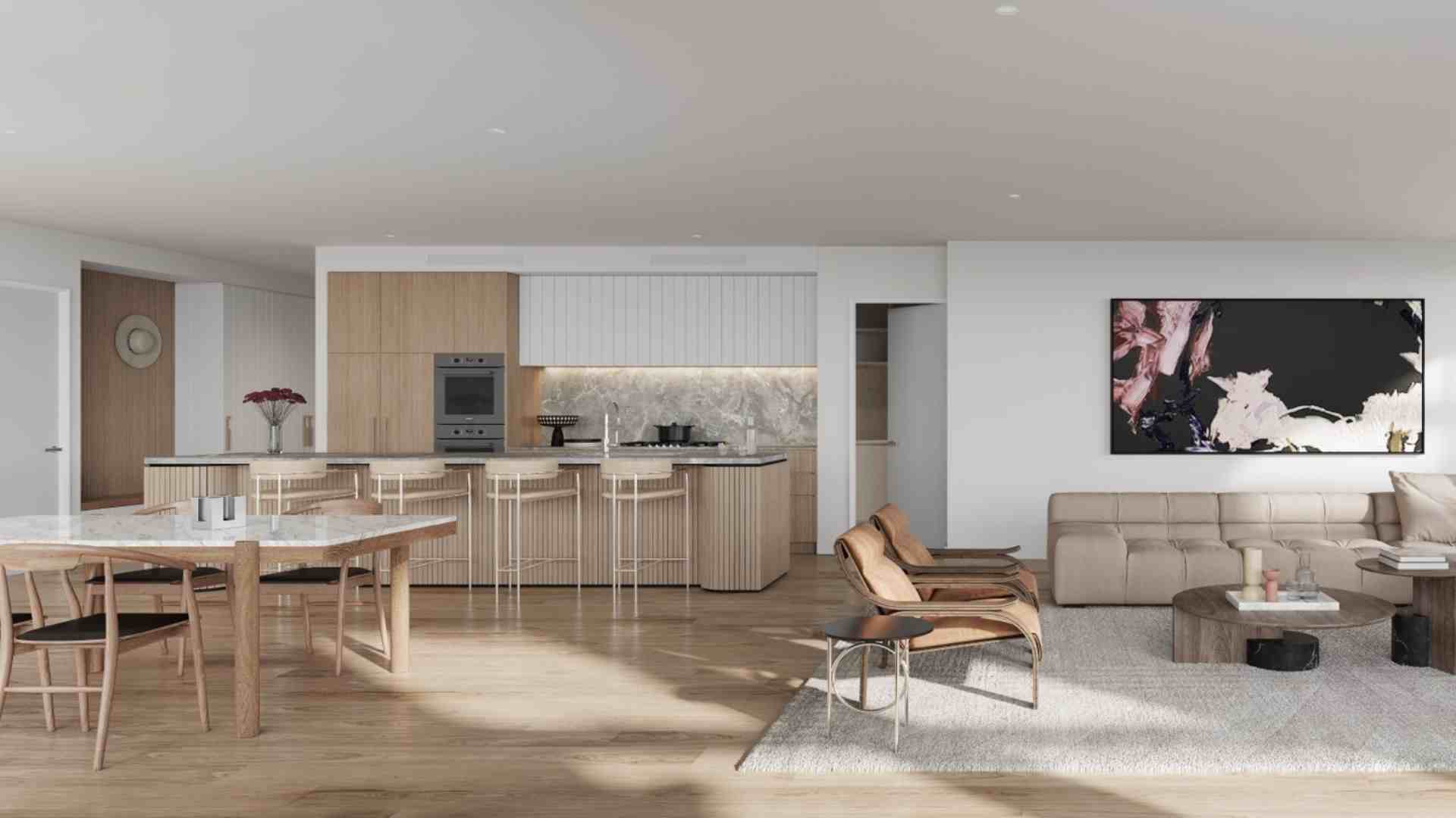 open kitchen, dining area, living room, beige and white interior