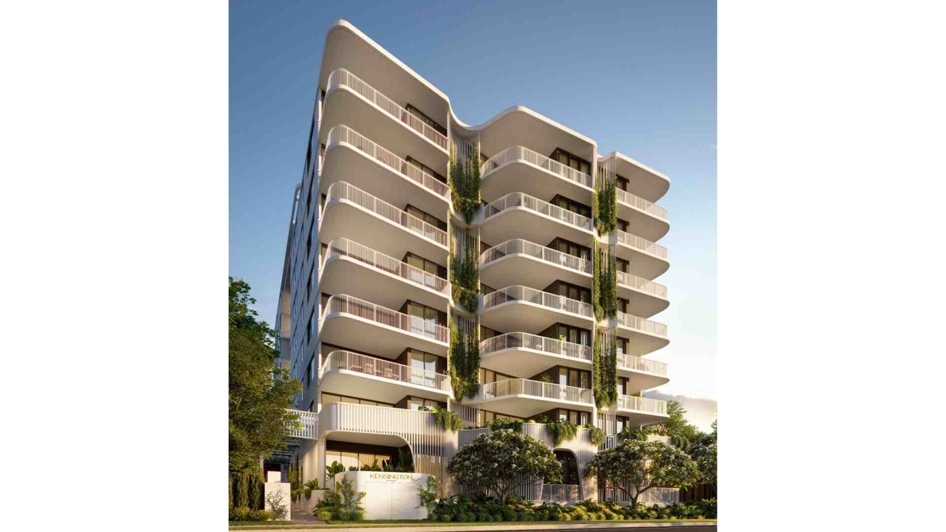Kensington QLD residential apartment, white building with plant on the side