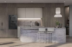 grey marble island kitchen countertop with two white bar stool