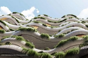 curvy-edged building with plants