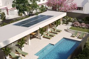 Lap-pool and BBQ area with solar panel roof