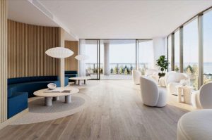 navy blue half-circle seat lounge, wooden flooring